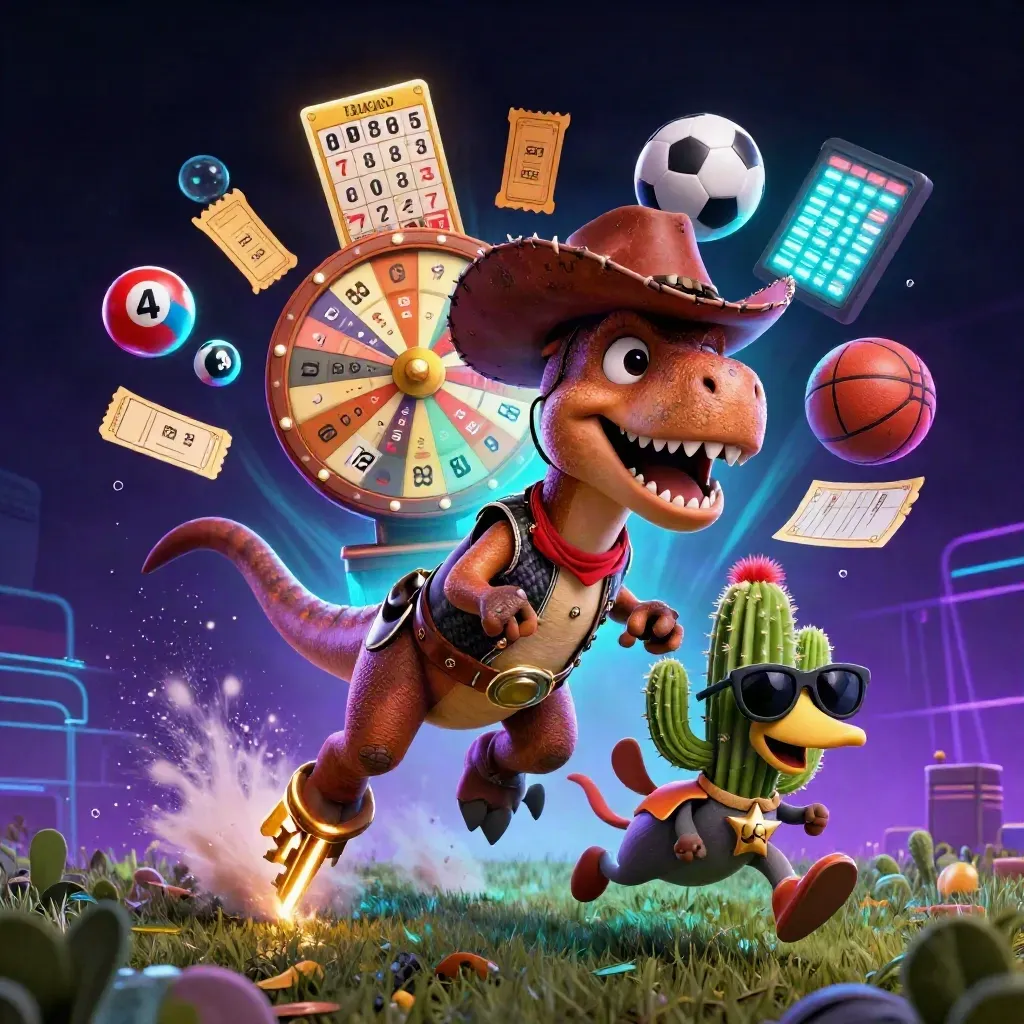 Cowboy T-Rex, cactus and roadrunner burst through casino props in a neon dark stadium scene.