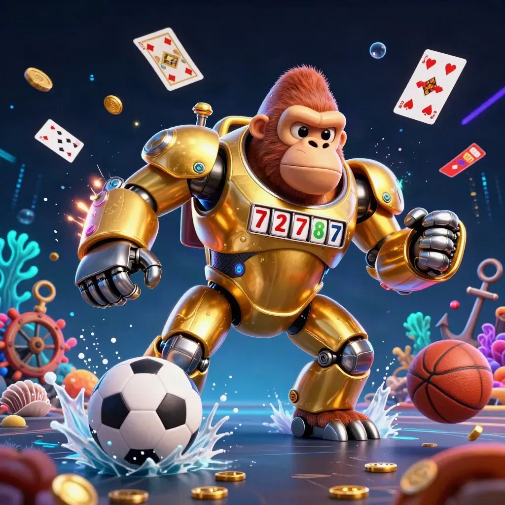 Golden gorilla mech with tiny pilot, coins, coral, balls and neon casino energy underwater.