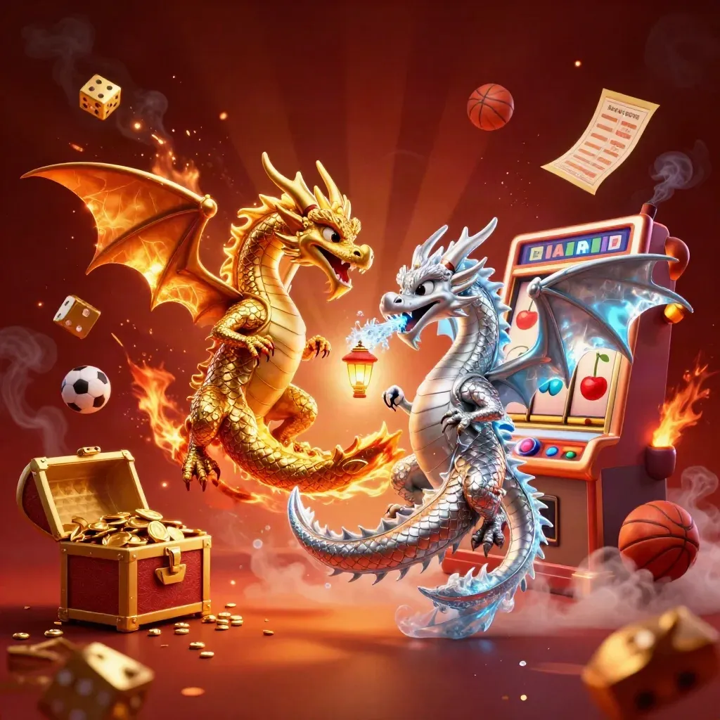Gold and silver dragons spiral amid casino bursts, embers, dice, and flying symbols.