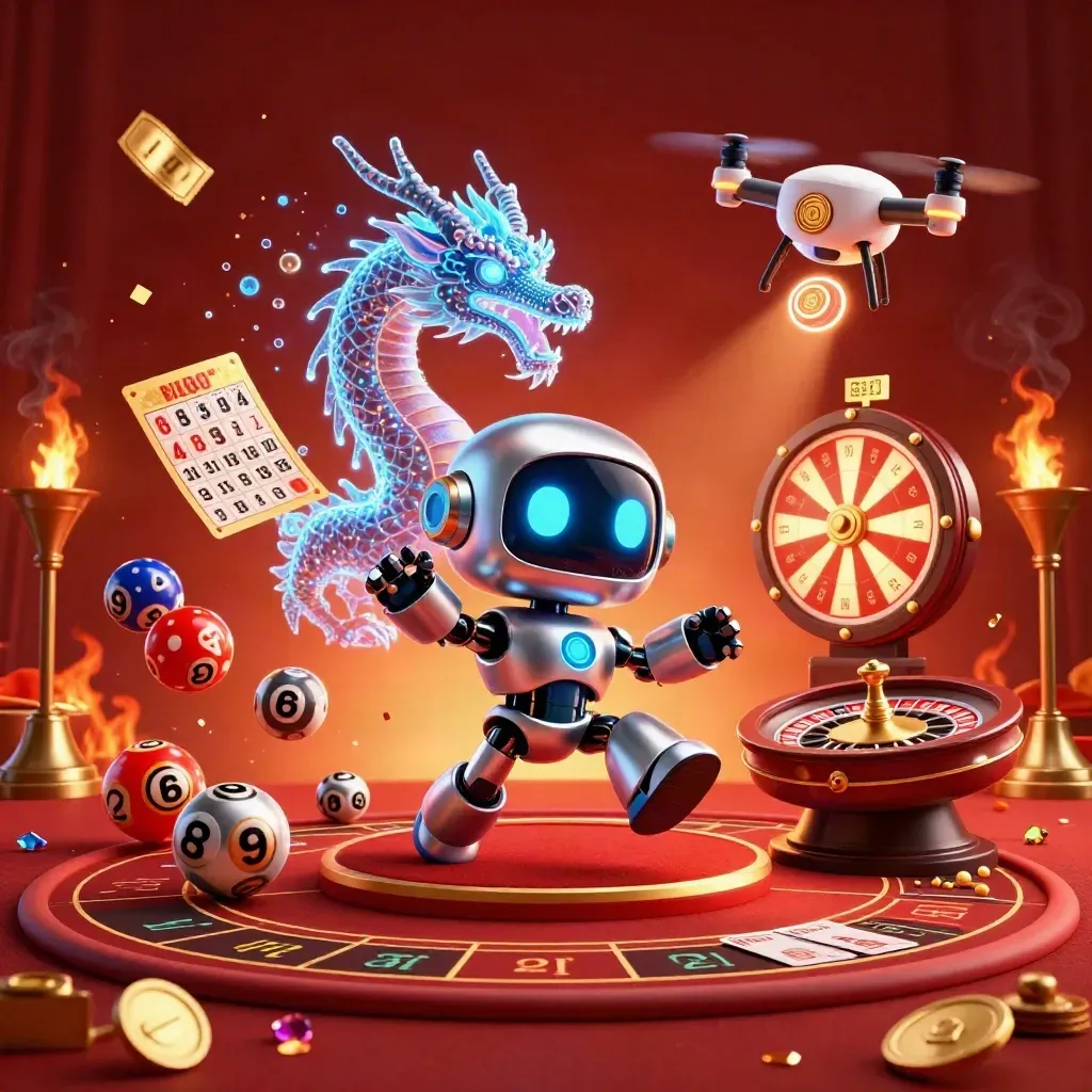 Cyberpunk robot, holographic dragon, and coin drone in a lavish casino room with lottery balls and a roulette wheel.