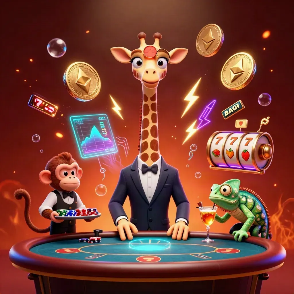 Giraffe high-roller with monkey valet and chameleon bartender amid neon coins and casino effects.