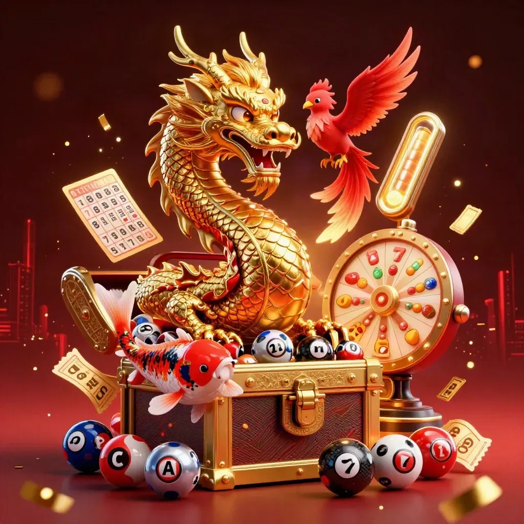 Golden dragon with phoenix and koi amid casino tokens and red neon light