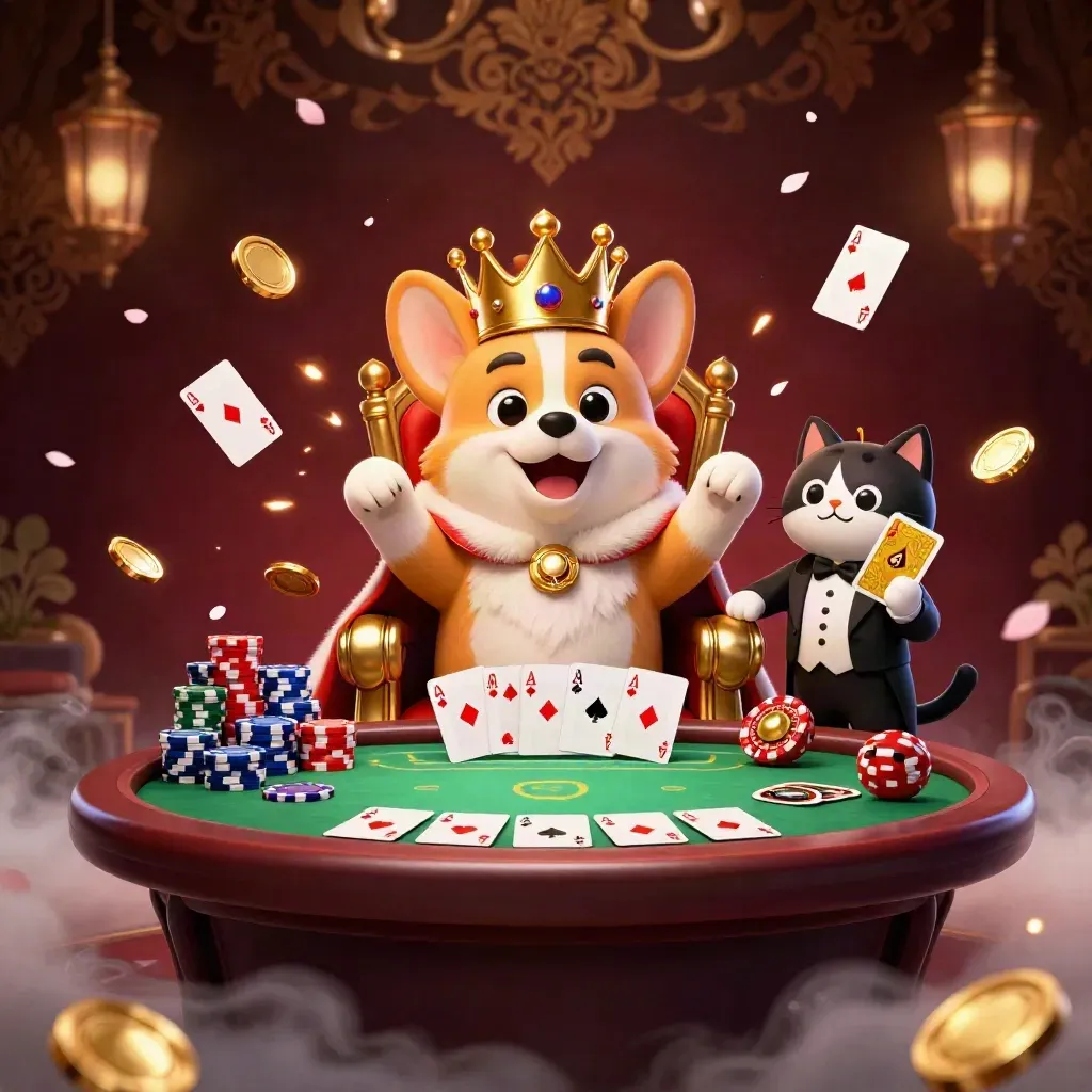 Royal corgi on chip throne with cat butler, cards, coins, fireworks, and luxe casino glow.