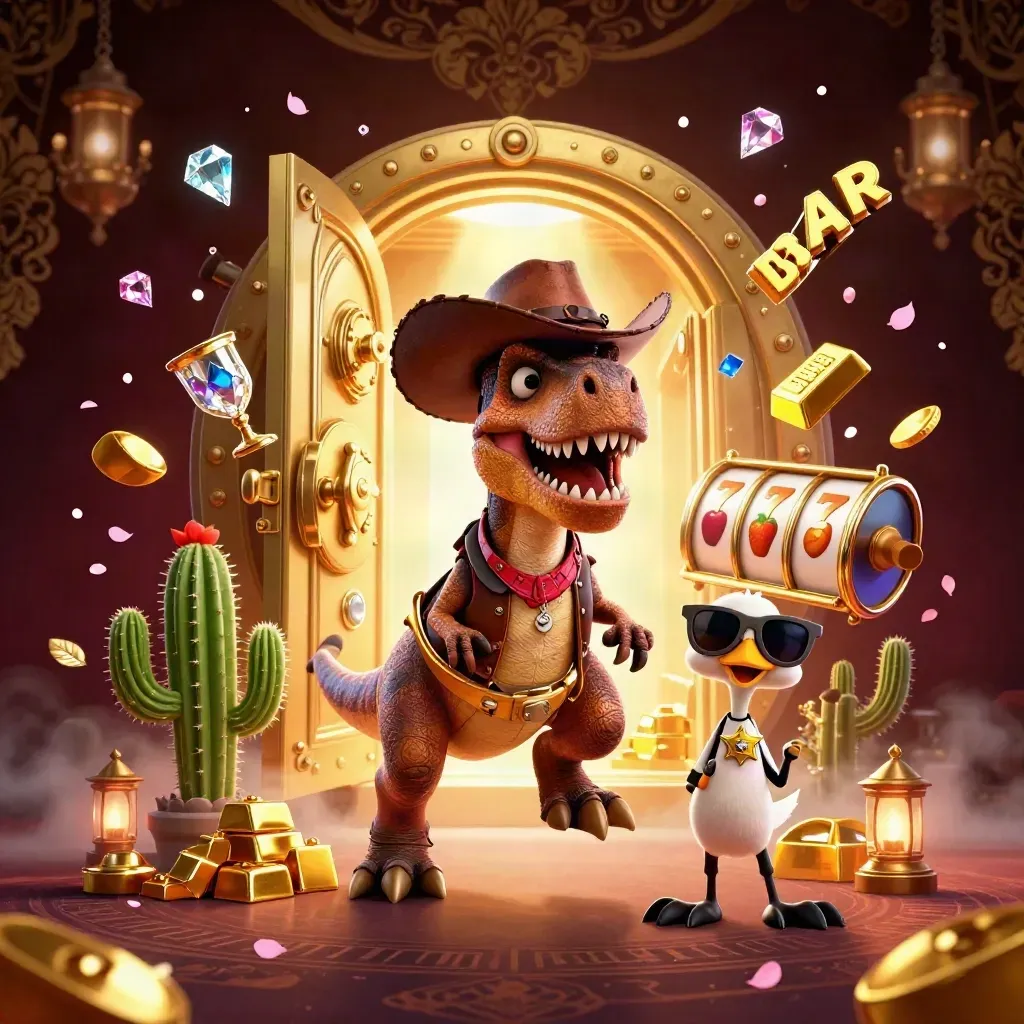 Cowboy T-Rex, cactus sidekick, and roadrunner burst from a glowing vault with casino treasures.