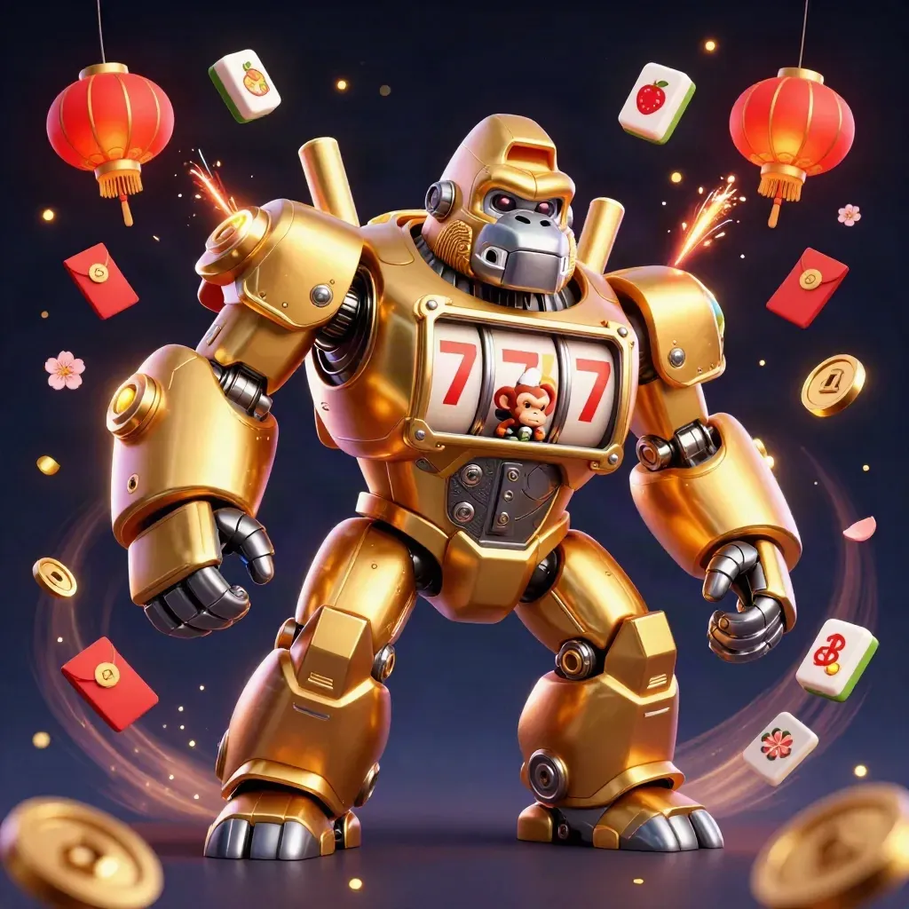 Golden gorilla slot-mech with tiny monkey pilot, reels, lanterns, coins, fireworks in a dark neon casino storm.